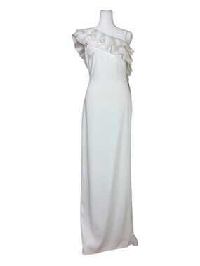 Badgley Mischka Size 2 Light Ivory One Shoulder Ruffle Evening or Wedding Gown